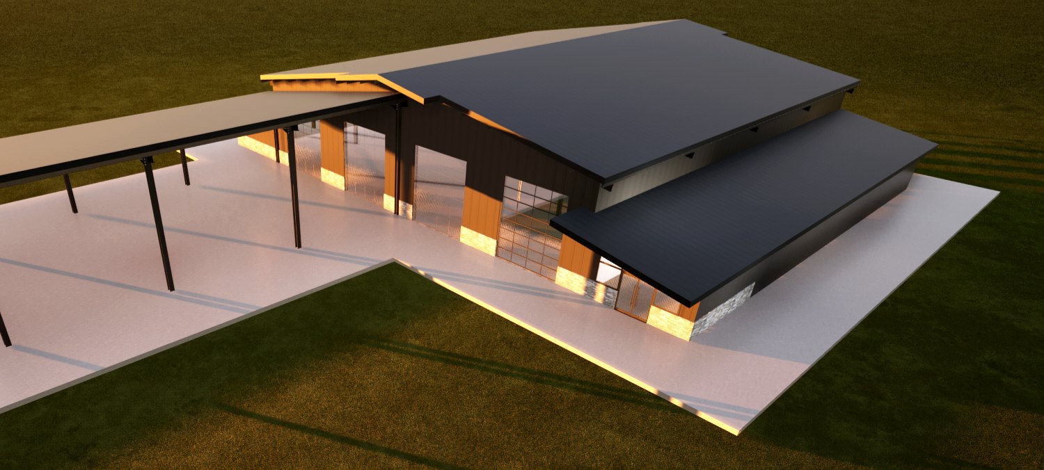 Architectural rendering of a planned building with covered entry and surrounding site