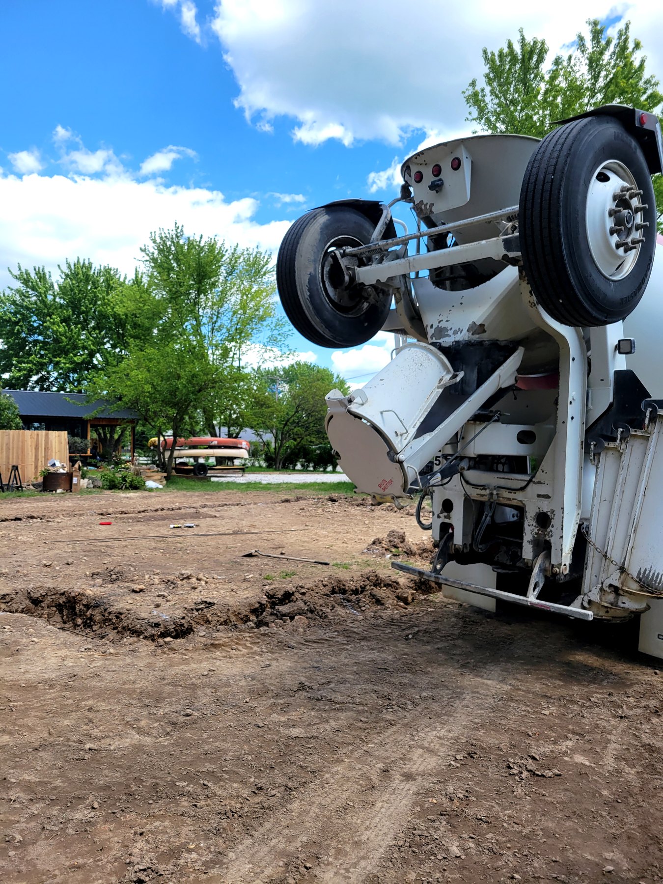 Concrete truck positioned for a pour on a prepared building site